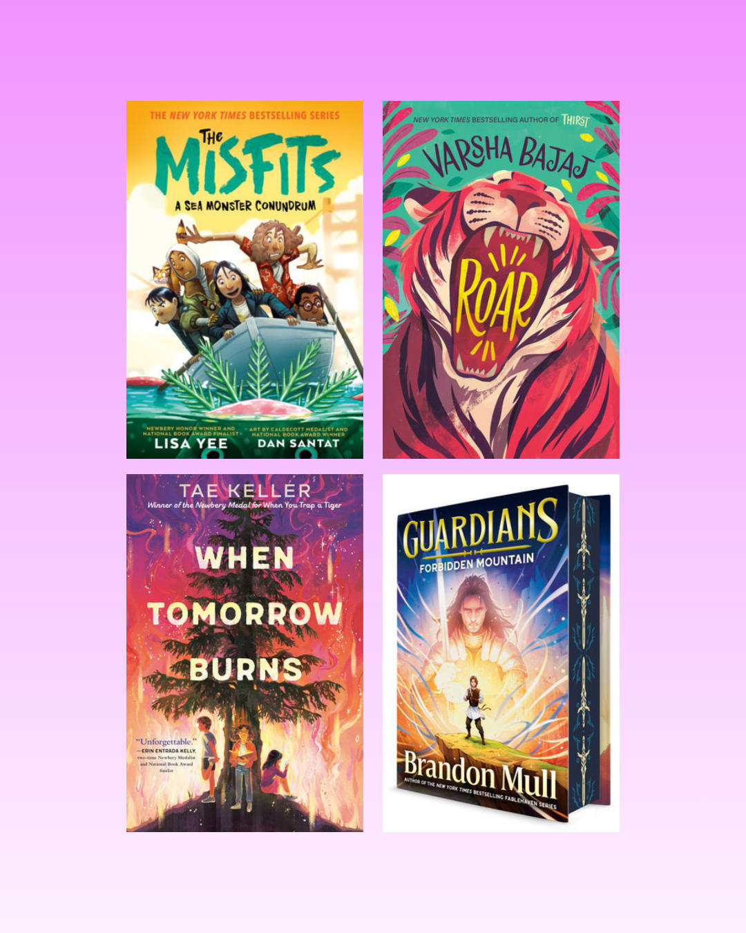 4 book covers on pink background