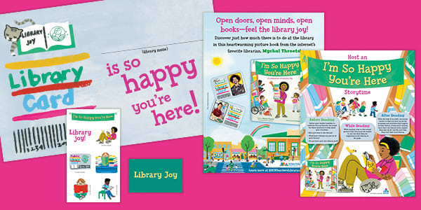 image showing the components of the Library Joy kit: poster, tattoo sheet, library card holder, easel, and activity brochure.