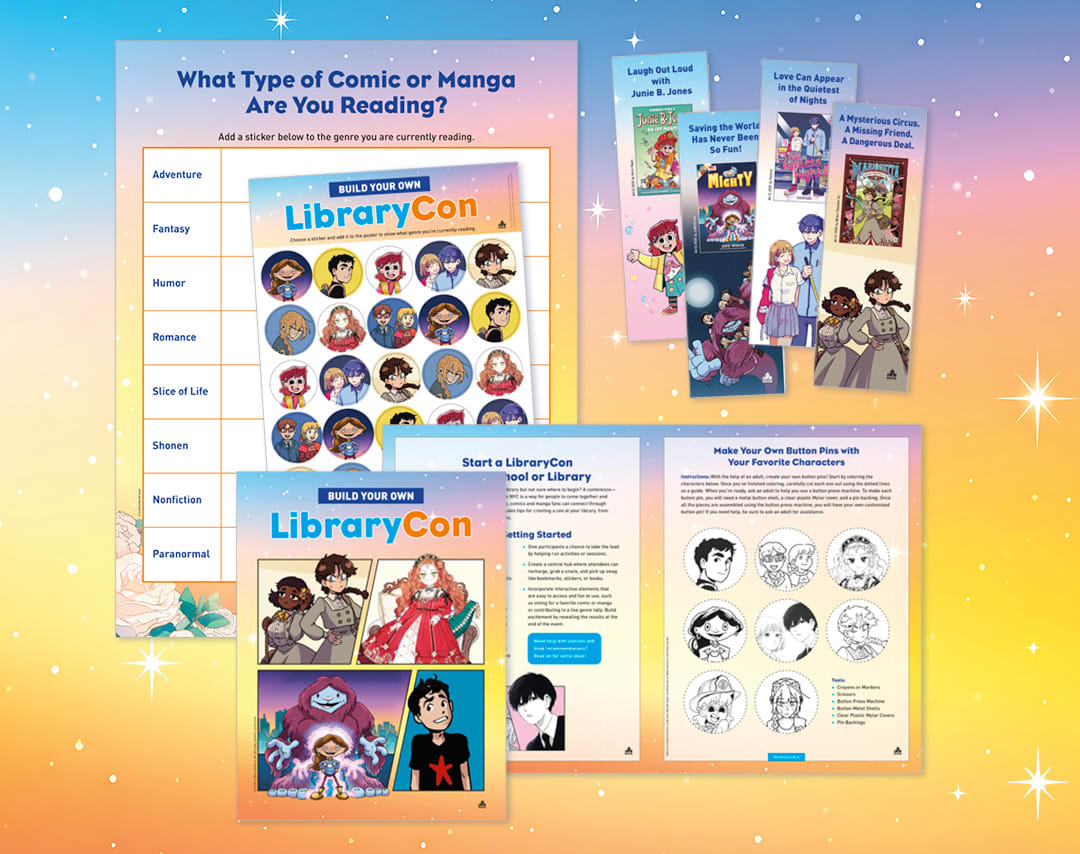 image showing contents of the LibraryCon Kit: poster, bookmarks, stickers, and brochure. An activity page from the brochure's interior is also shown.