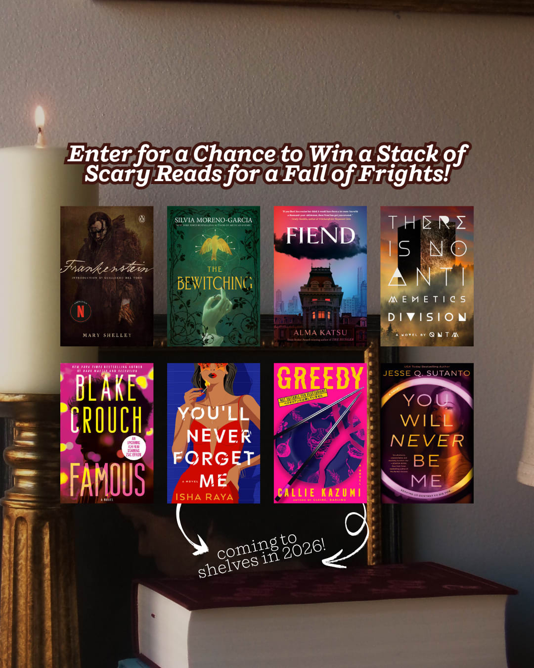 8 Book Covers on an image of books and candle