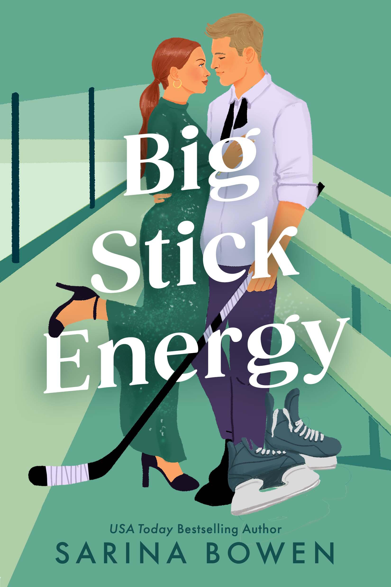 Big Stick Energy book cover by Sarina Bowen featuring a man and a woman close together one holding a hockey stic