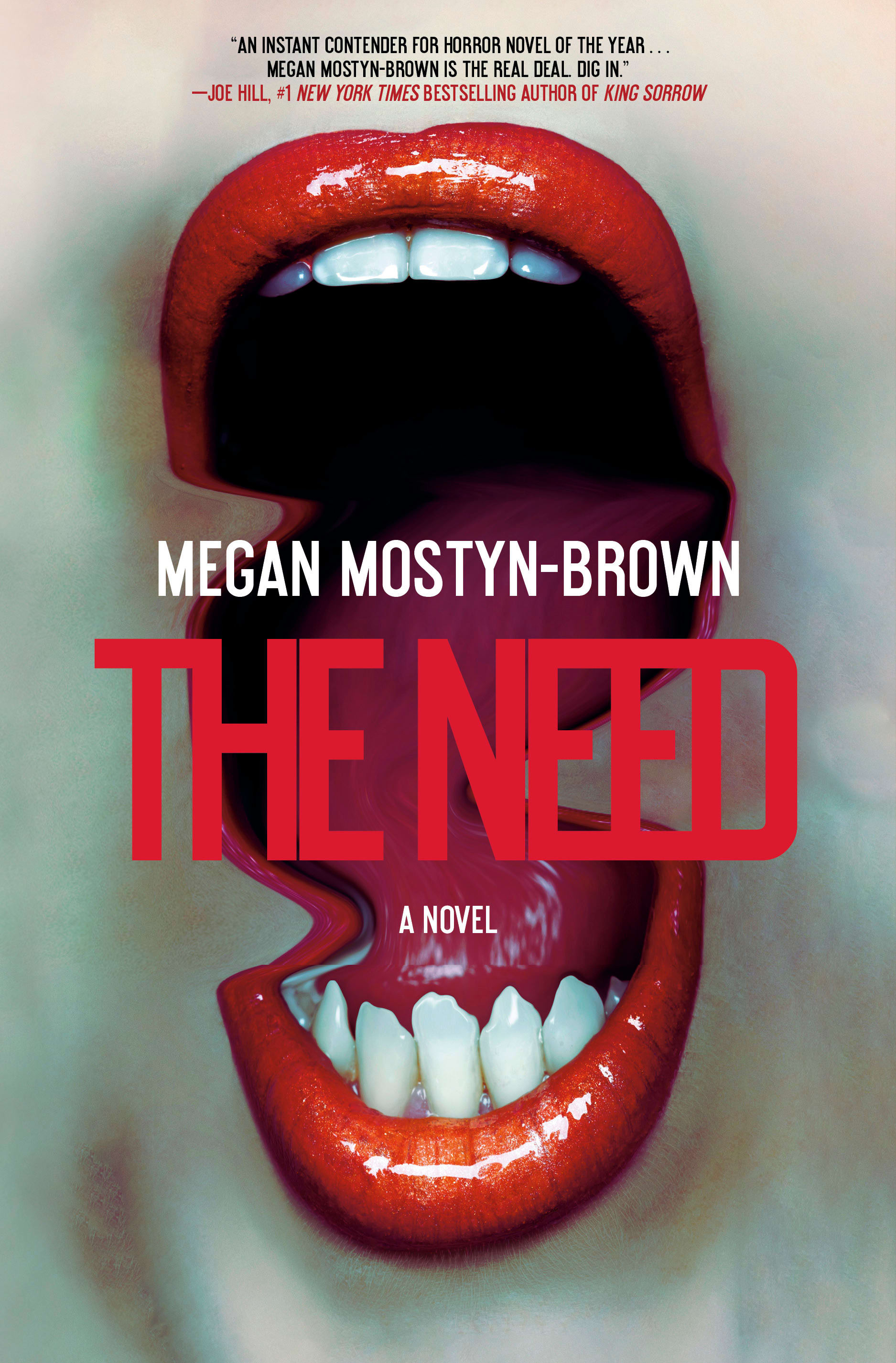 The cover of The Need which features a large mouth  with sharp teeth opening around the title and author name