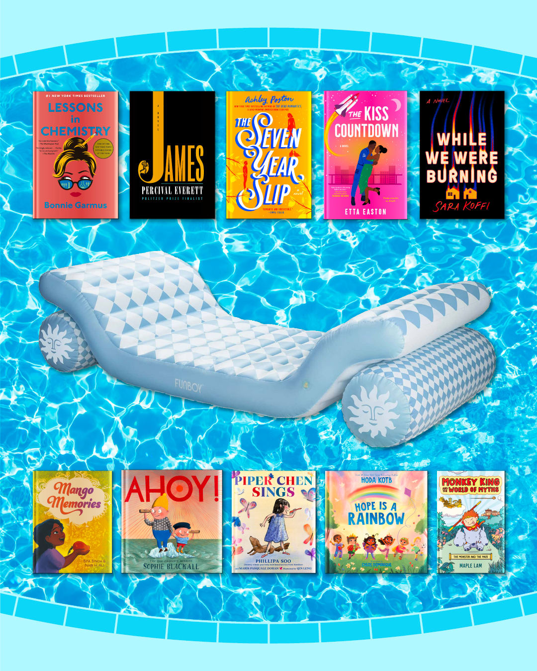 An image of a pool with an assortment of book covers on top and a pool float