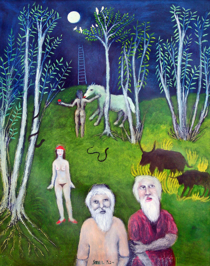 Ladder, full moon & figures by Tasaduq Sohail — Oil on canvas, 2000