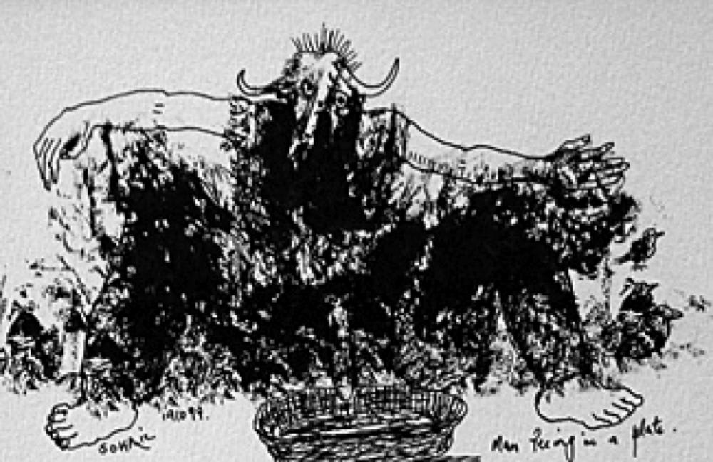 Man peeing in a plate (S 19.10.99) by Tasaduq Sohail — Pen and ink on paper, 1999