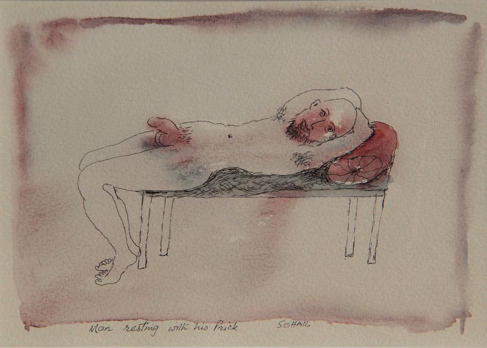 Man resting with his Prick by Tasaduq Sohail — Watercolour and ink on paper, 