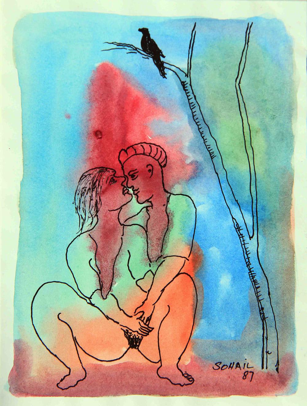 No, No, No. by Tasaduq Sohail — Watercolour and ink on paper, 1987