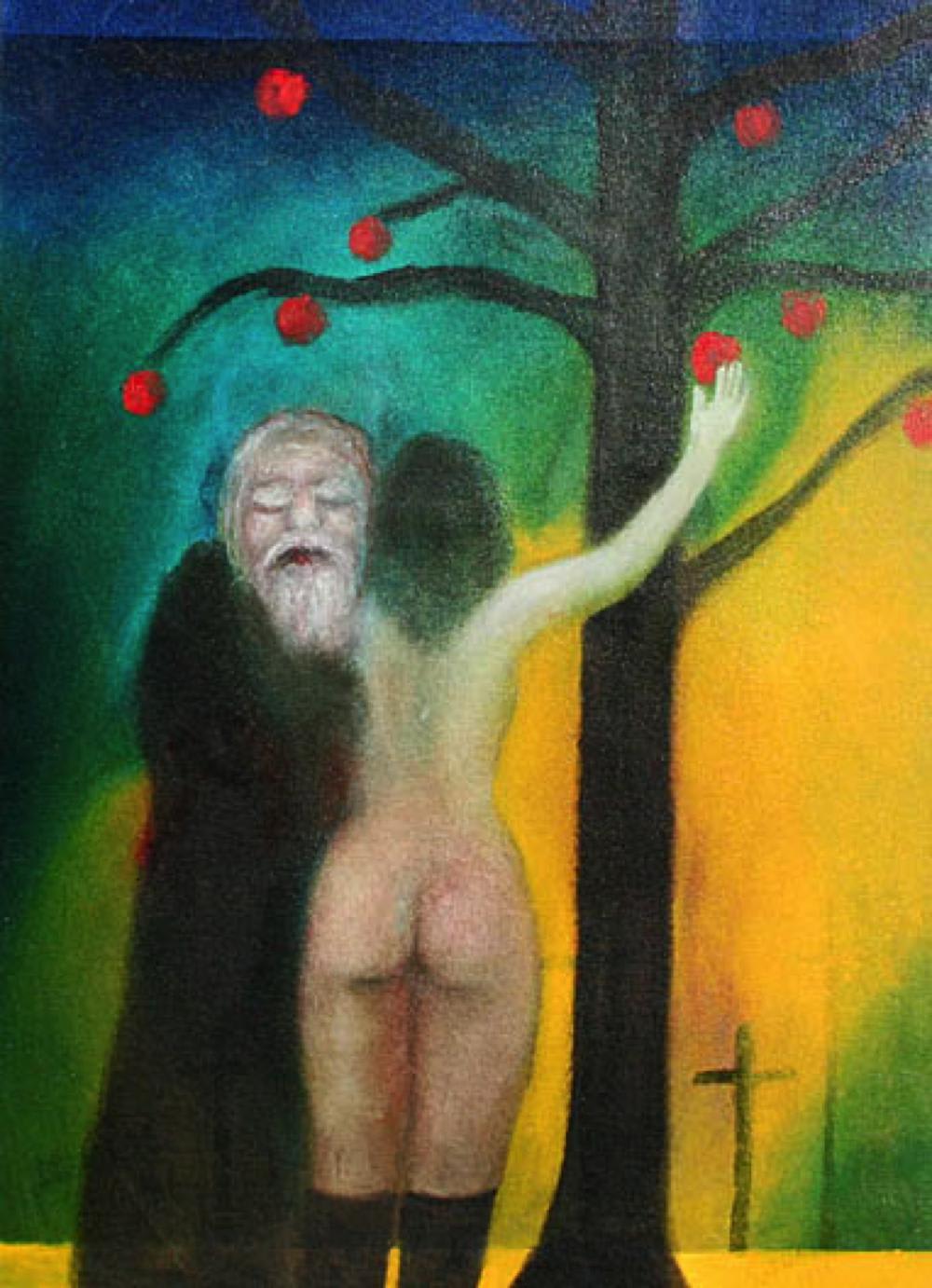 Old man and rear view of nude girl under apple tree by Tasaduq Sohail — Oil on canvas, 1989