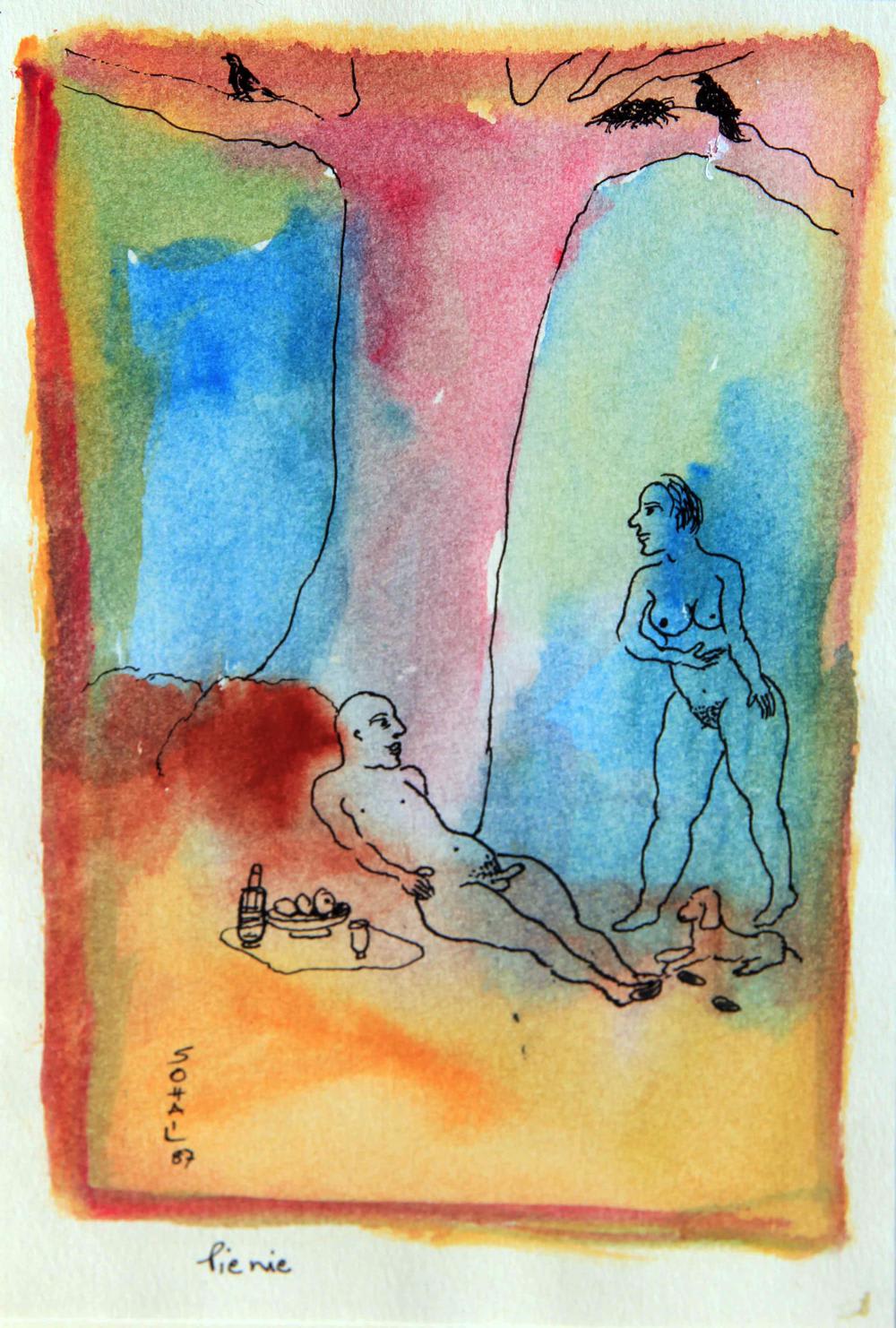Pienie by Tasaduq Sohail — Watercolour and ink on paper, 1987