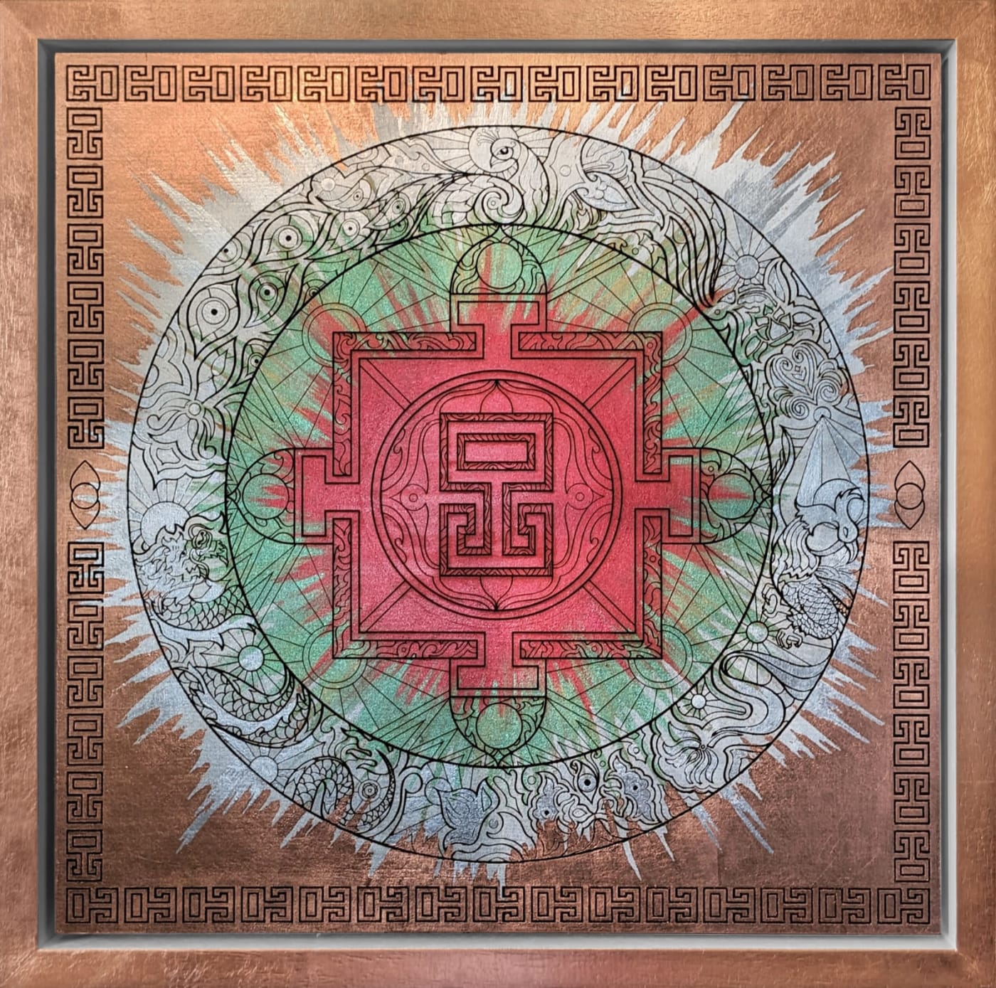 The Liberation Mandala by Eccentric O — Laser engraving on plywood featuring multiple layers of textured copper leaf, 2024