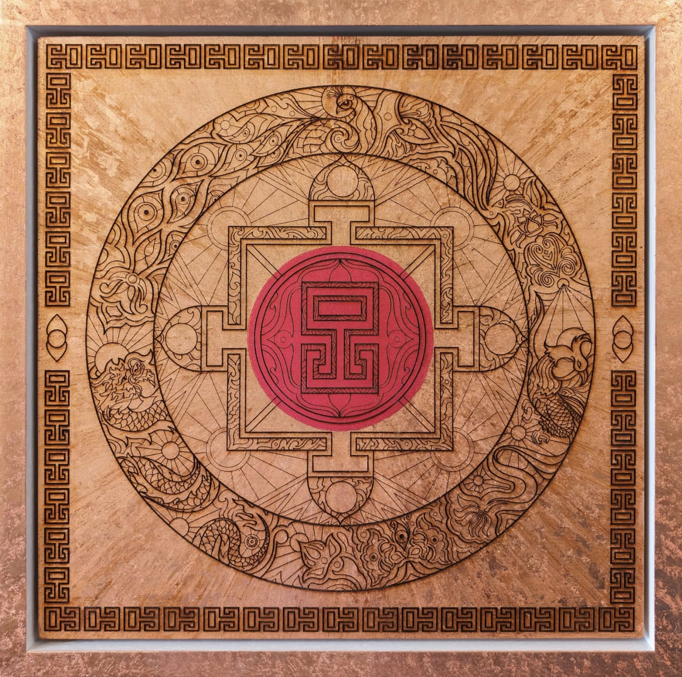 The Trandscendental Grove Mandala by Eccentric O — Laser engraving on plywood featuring multi layers of textured copper leaf., 2024