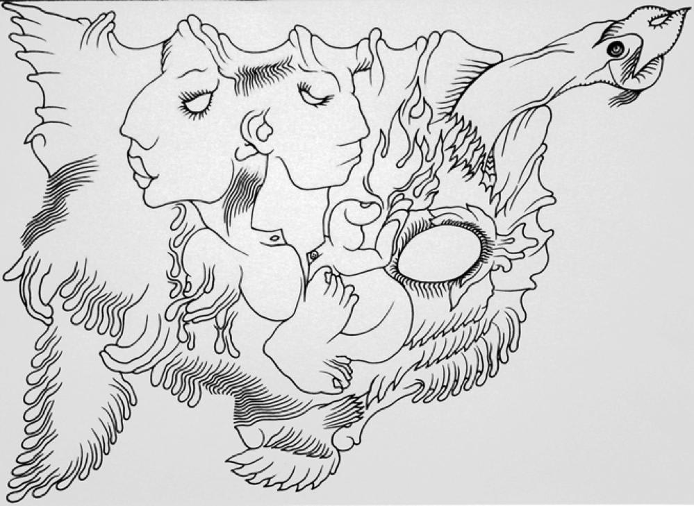 They pray to a vulture's egg by M. Natesh — Pen and ink on paper, 2006