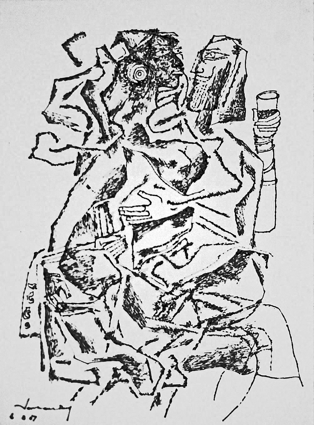 Untitled (Drinking couple) by A.P. Santhanaraj — Pen and ink on paper, 2007