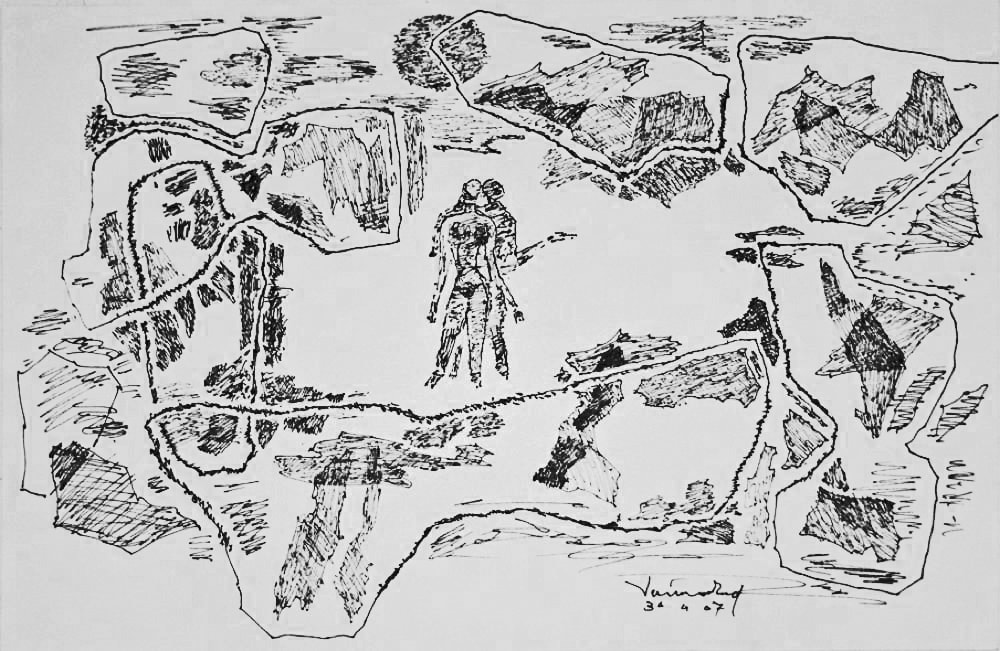 Untitled (Figures in landscape) by A.P. Santhanaraj — Pen and ink on paper, 2007