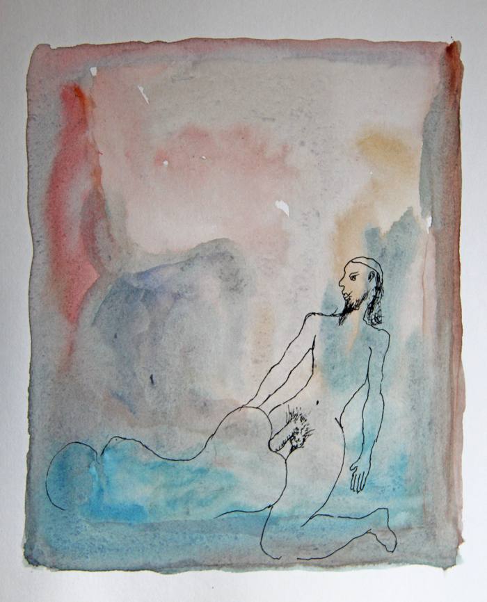 Untitled (man with ponytail having sex with woman) by Tasaduq Sohail — Watercolour and ink on paper, 