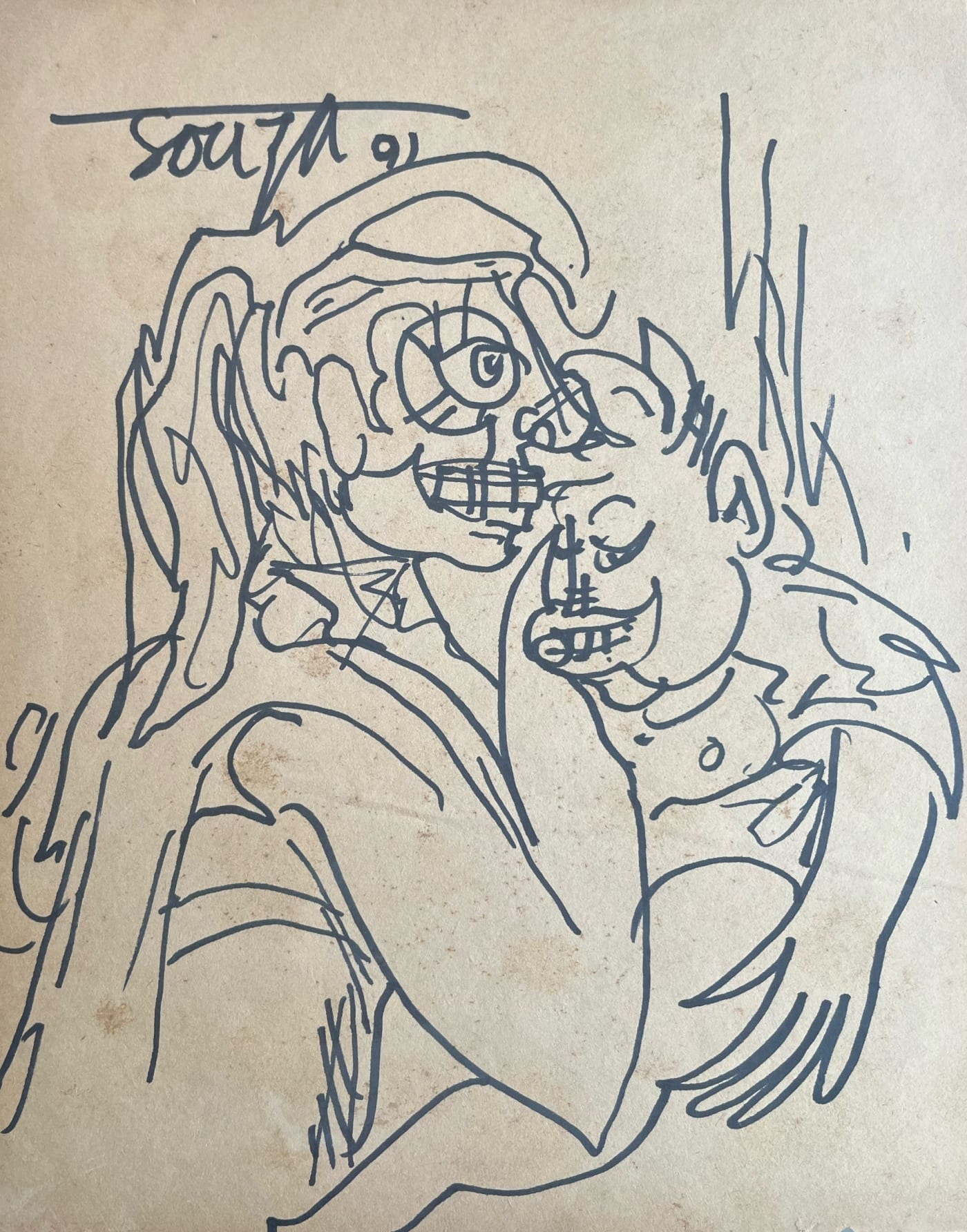 Untitled (Mother and child) by F.N. Souza — Ink/marker on paper, 1991