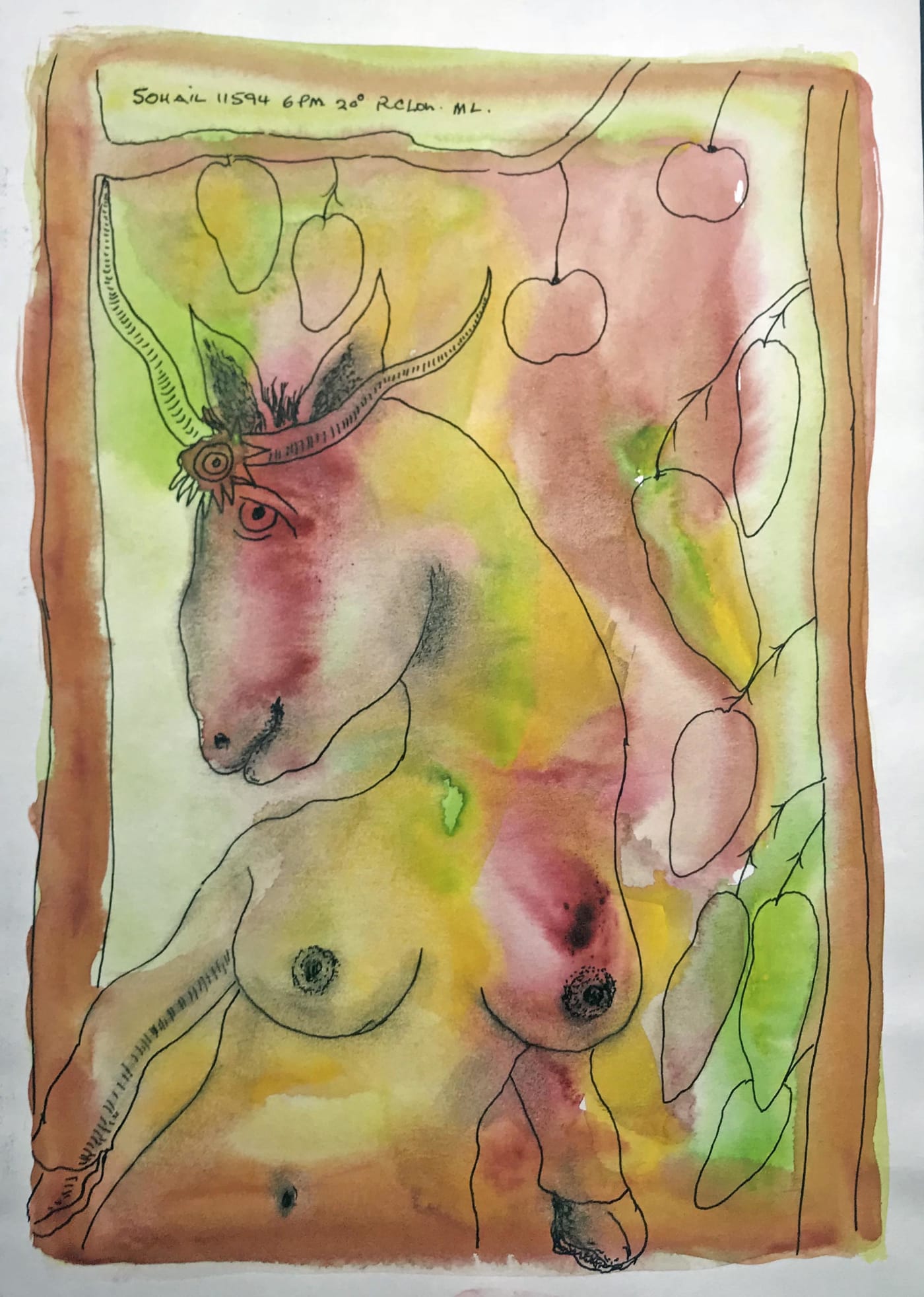 Untitled (Nude with animal head) by Tasaduq Sohail — Watercolour and ink on paper, 1994
