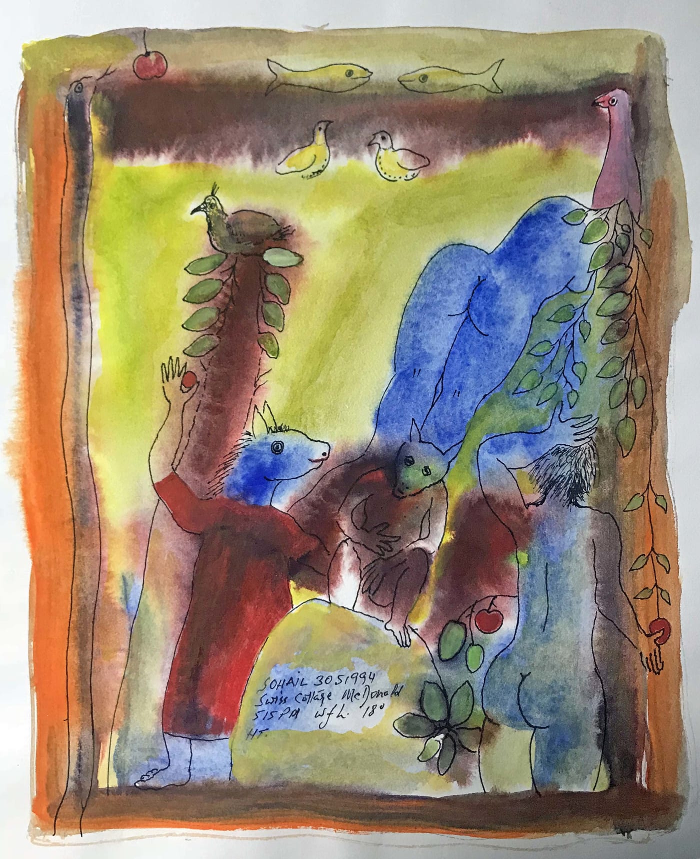 Untitled (Swiss Cottage McDonald Drawing) by Tasaduq Sohail — Watercolour and ink on paper, 1994