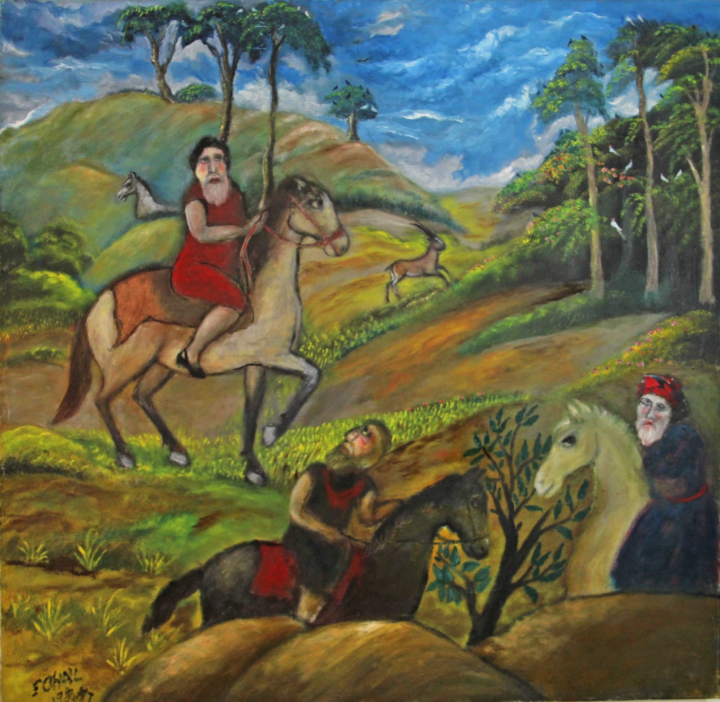 Untitled (Three men on horseback in a landscape, one in a red dress and black heels) by Tasaduq Sohail — Oil on canvas, 1986