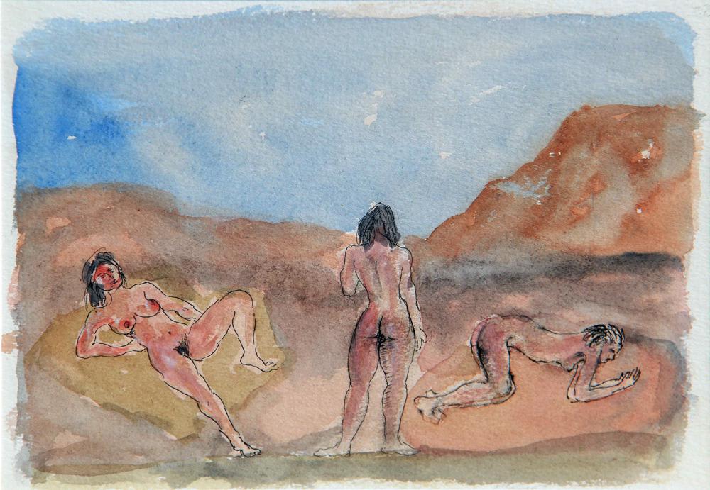 Untitled (Three nude women in a landscape) by Tasaduq Sohail — Watercolour and ink on paper, 