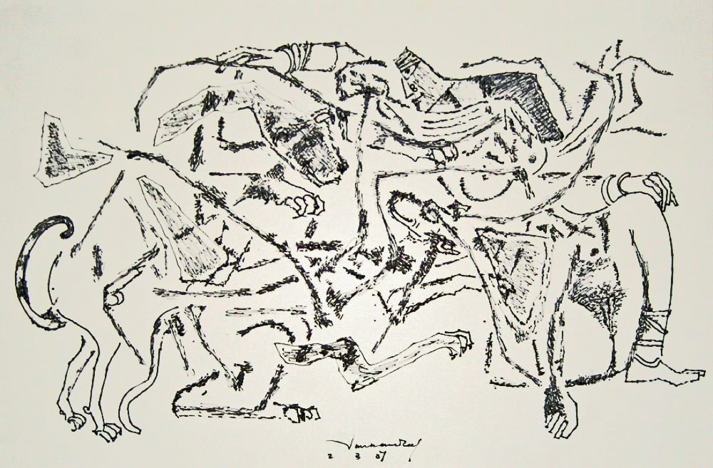 Untitled (Woman with dogs) by A.P. Santhanaraj — Pen and ink on paper, 2007