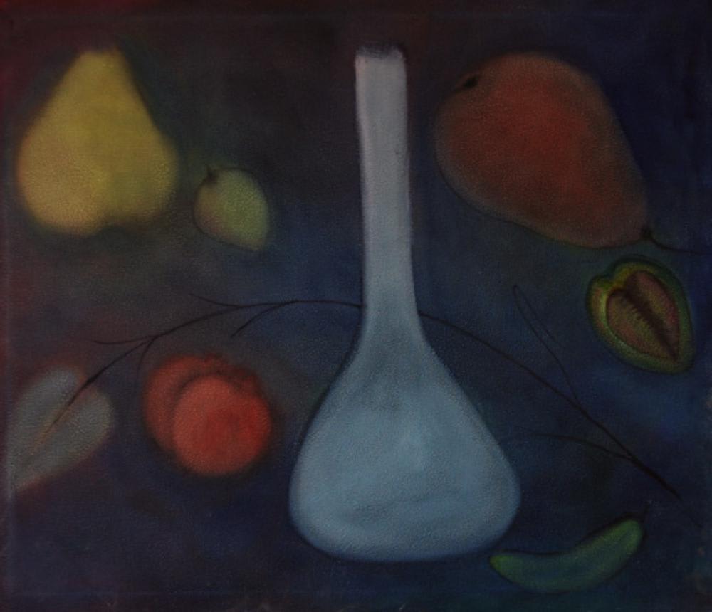 Vase with fruit on blue ground by Tasaduq Sohail — Oil on canvas, 