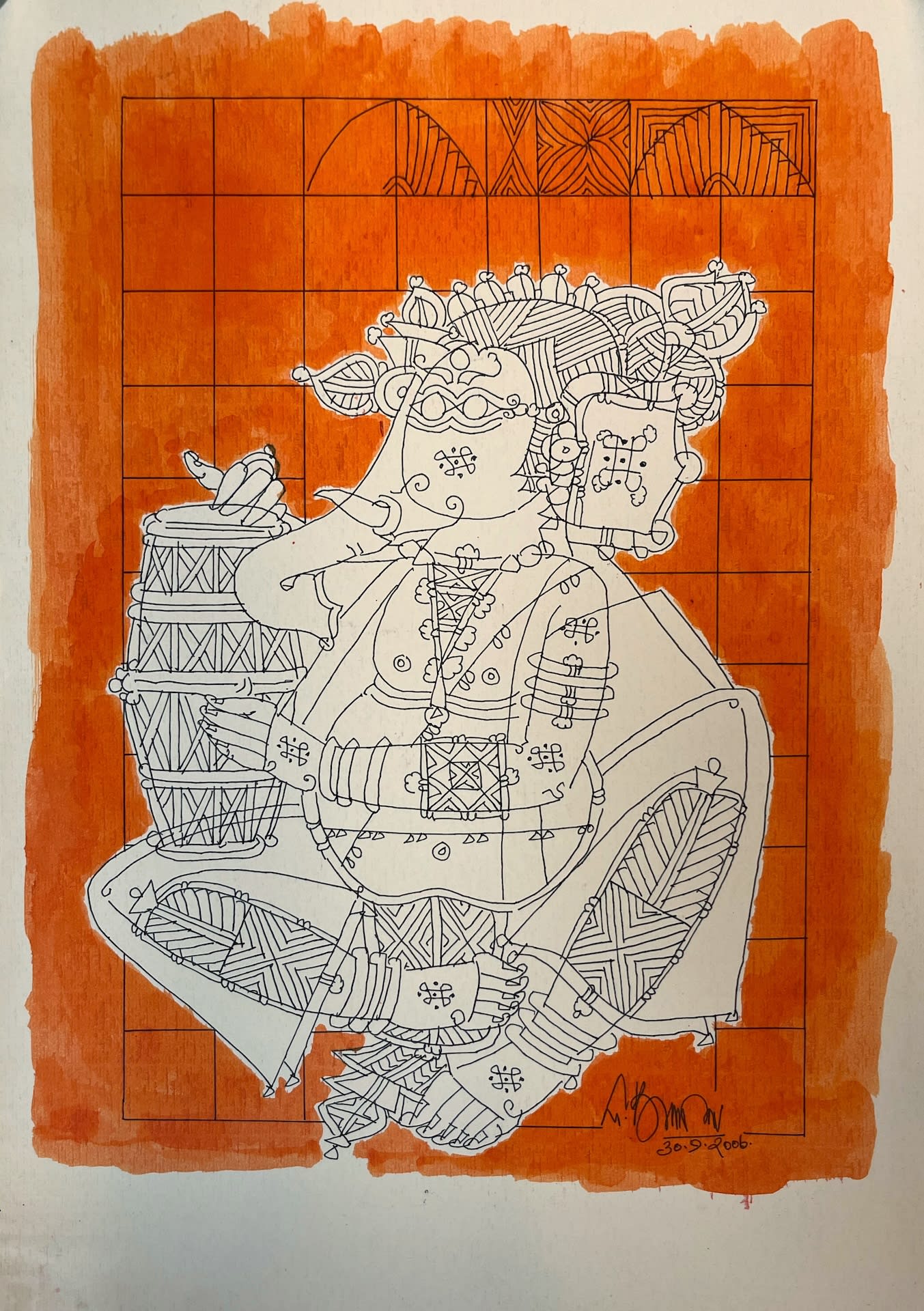 Vinayagar playing tabla by G. Raman — Acrylic and ink on paper, 2006