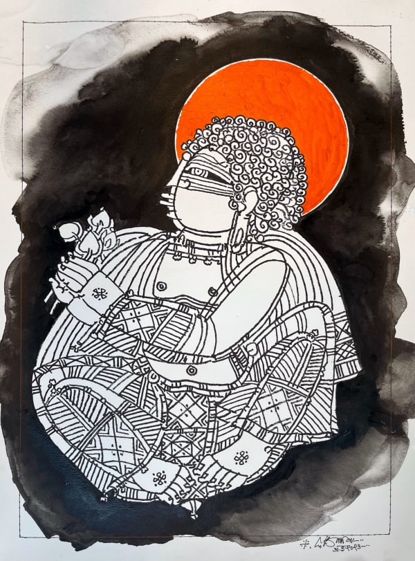 Buddha with Lotus by G. Raman — Acrylic and ink on paper, 2023