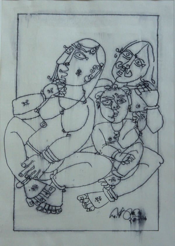 Family (Homage to Picasso) by G. Raman — Pen and ink on paper, 2006