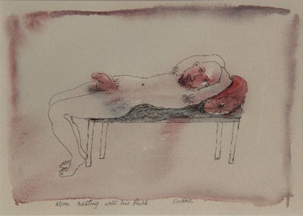 Man resting with his Prick by Tasaduq Sohail — Watercolour and ink on paper, 