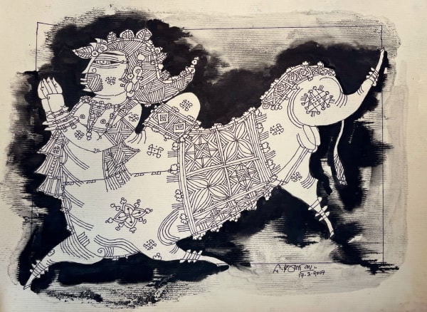 Man with Bull by G. Raman — Ink and wash on paper, 2007