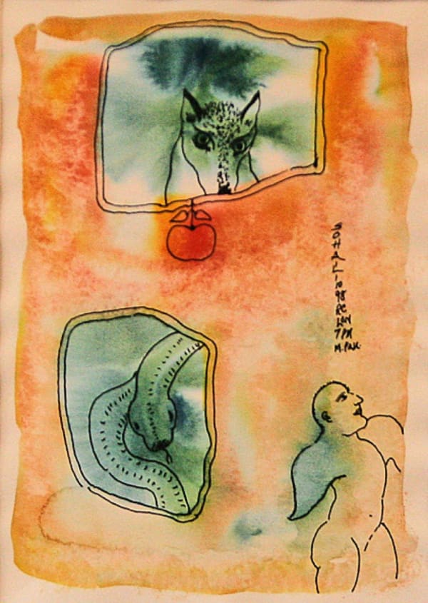 Man with wings, dog and snake by Tasaduq Sohail — Watercolour and ink on paper, 1998