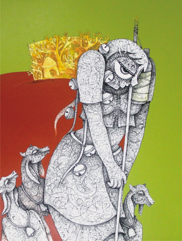 Shepherd by Mahavir Verma — Arcylic and ink on paper, 2019