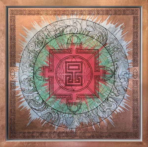 The Liberation Mandala by Eccentric O — Laser engraving on plywood featuring multiple layers of textured copper leaf, 2024