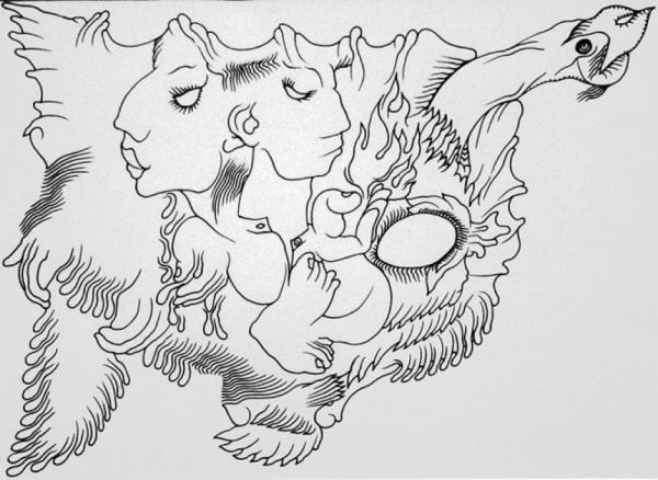 They pray to a vulture's egg by M. Natesh — Pen and ink on paper, 2006