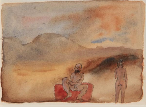 Untitled (Man and woman in landscape) by Tasaduq Sohail — Watercolour and ink on paper, 