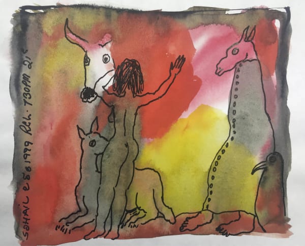 Untitled (Nude with animals) by Tasaduq Sohail — Watercolour and ink on paper, 1999