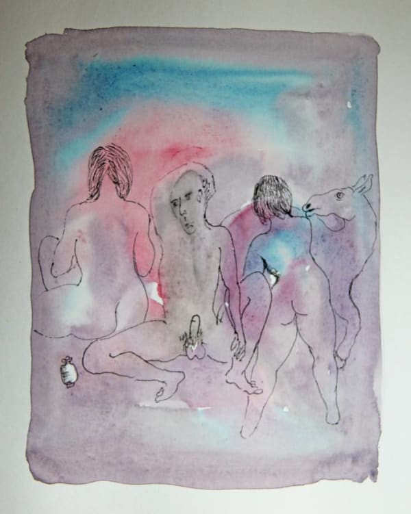 Untitled (one man, two women, bottle and animal) by Tasaduq Sohail — Watercolour and ink on paper, 