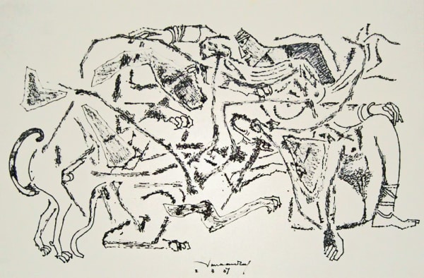 Untitled (Woman with dogs) by A.P. Santhanaraj — Pen and ink on paper, 2007