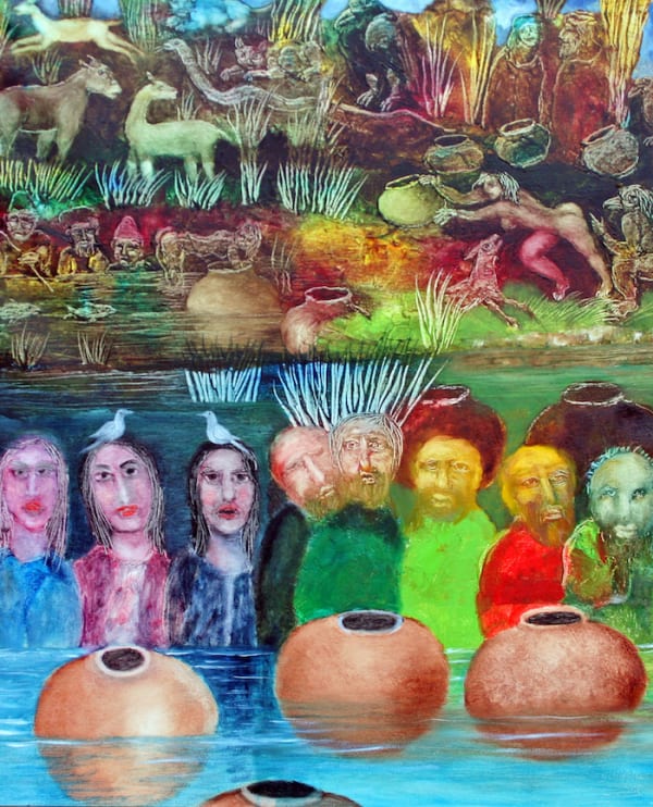 Various clay pots with figures and stories by Tasaduq Sohail — Oil on canvas, 2001