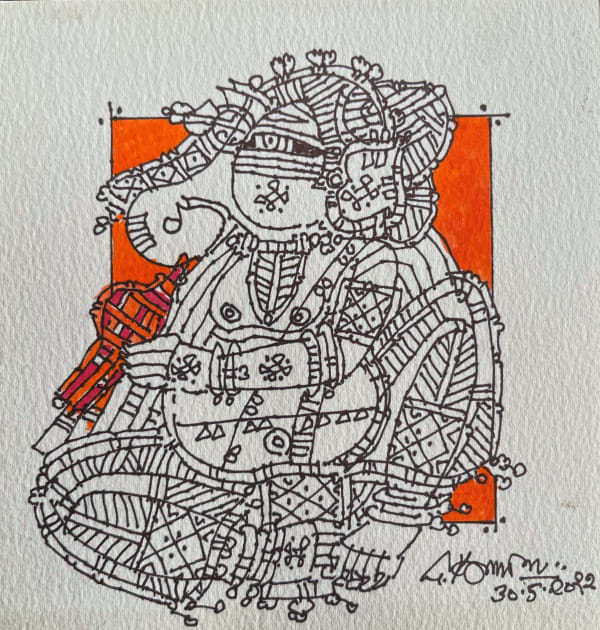 Vinayaga playing magudi by G. Raman — Acrylic and ink on paper, 2022