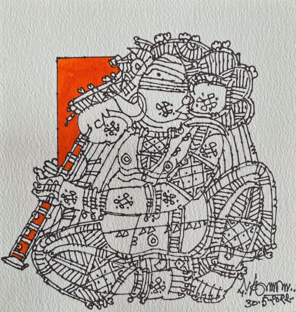 Vinayagar playing nadaswaram by G. Raman — Acrylic and ink on paper, 2022