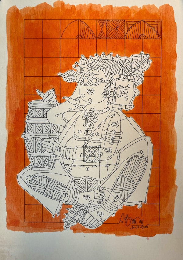 Vinayagar playing tabla by G. Raman — Acrylic and ink on paper, 2006