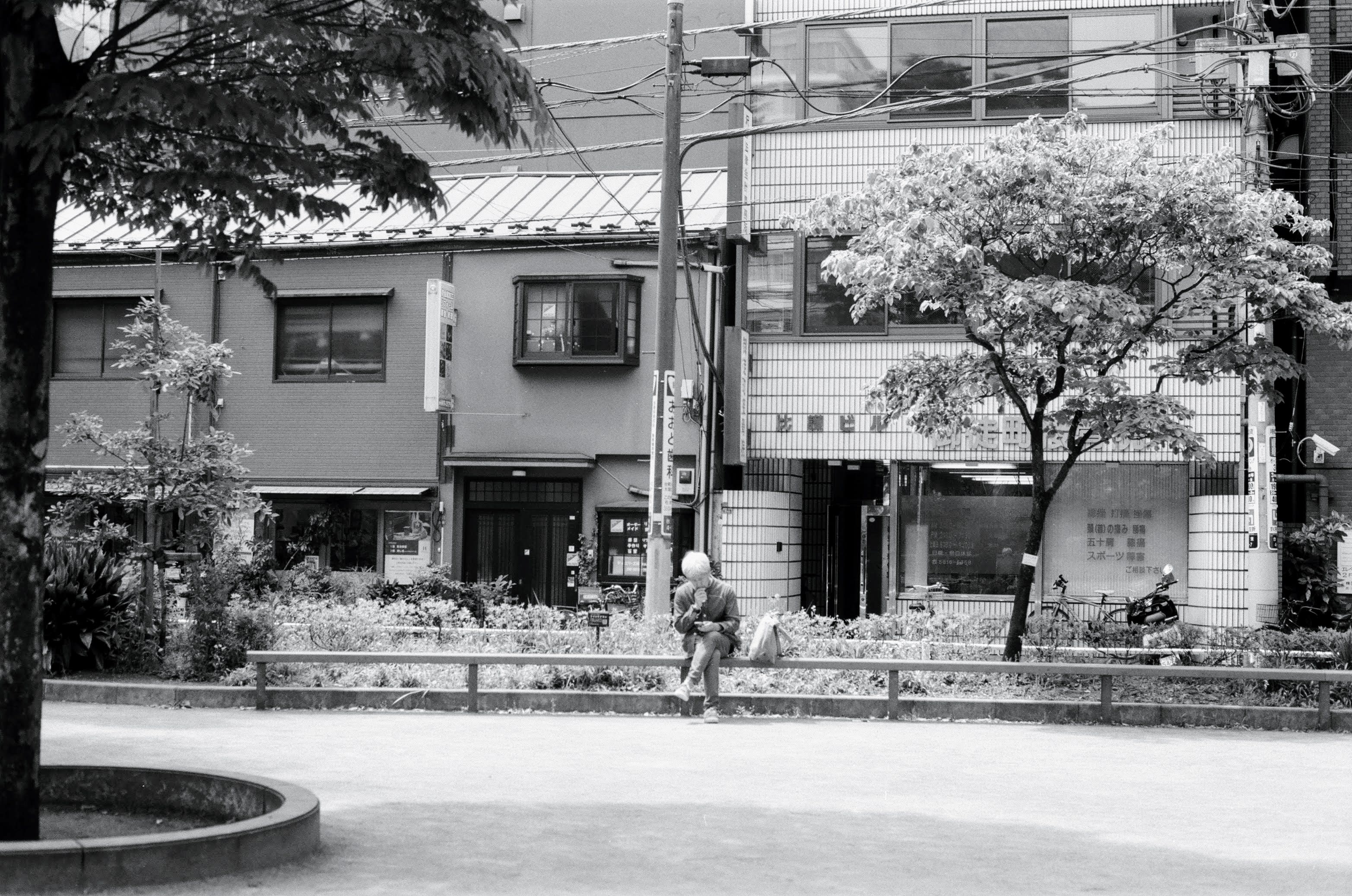 A man sits on a bench in a park surrounded by trees, with houses in the background. He is reading something and smoking a cigarette.