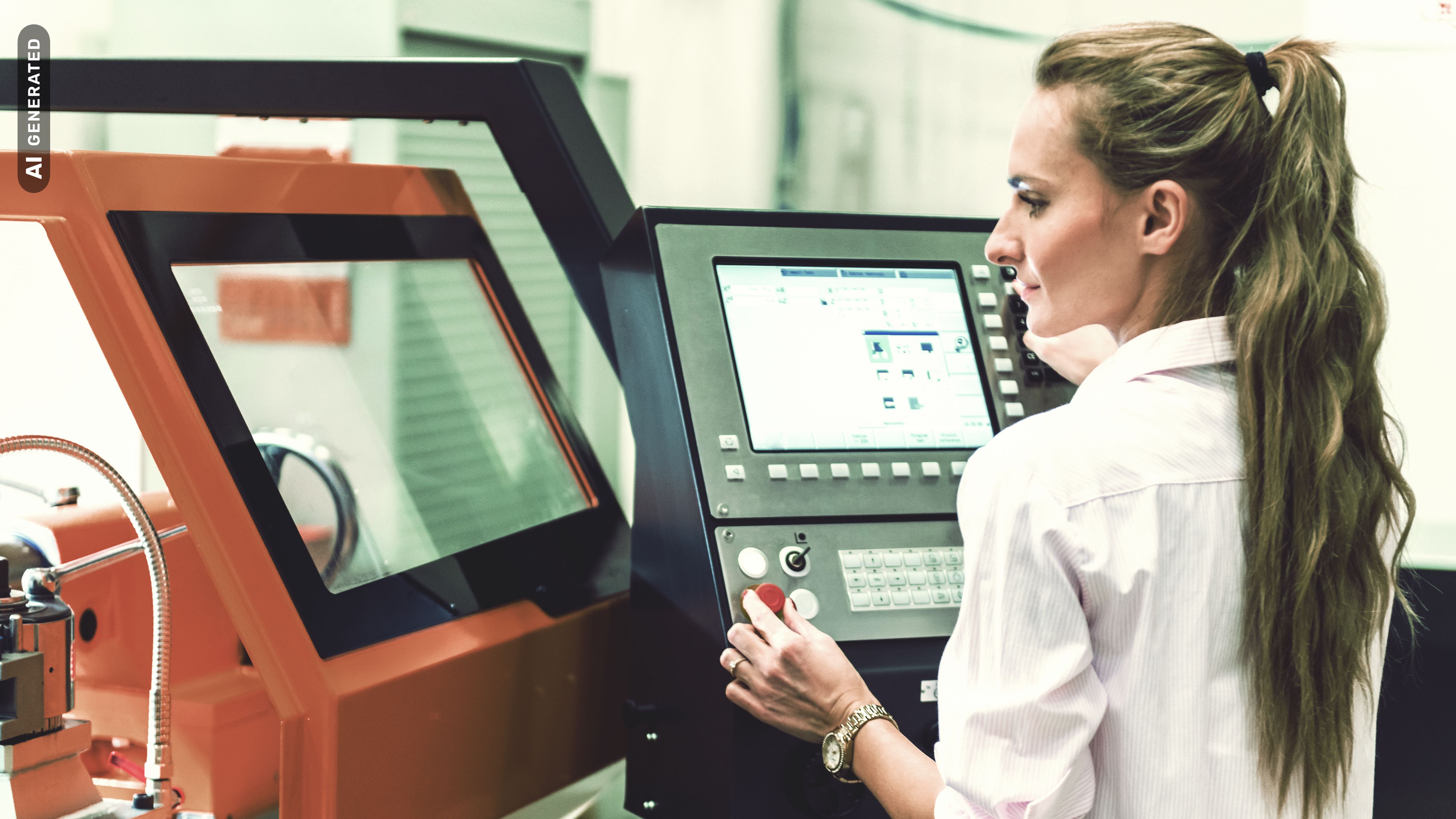 Frau programmiert Maschine, AI-generated