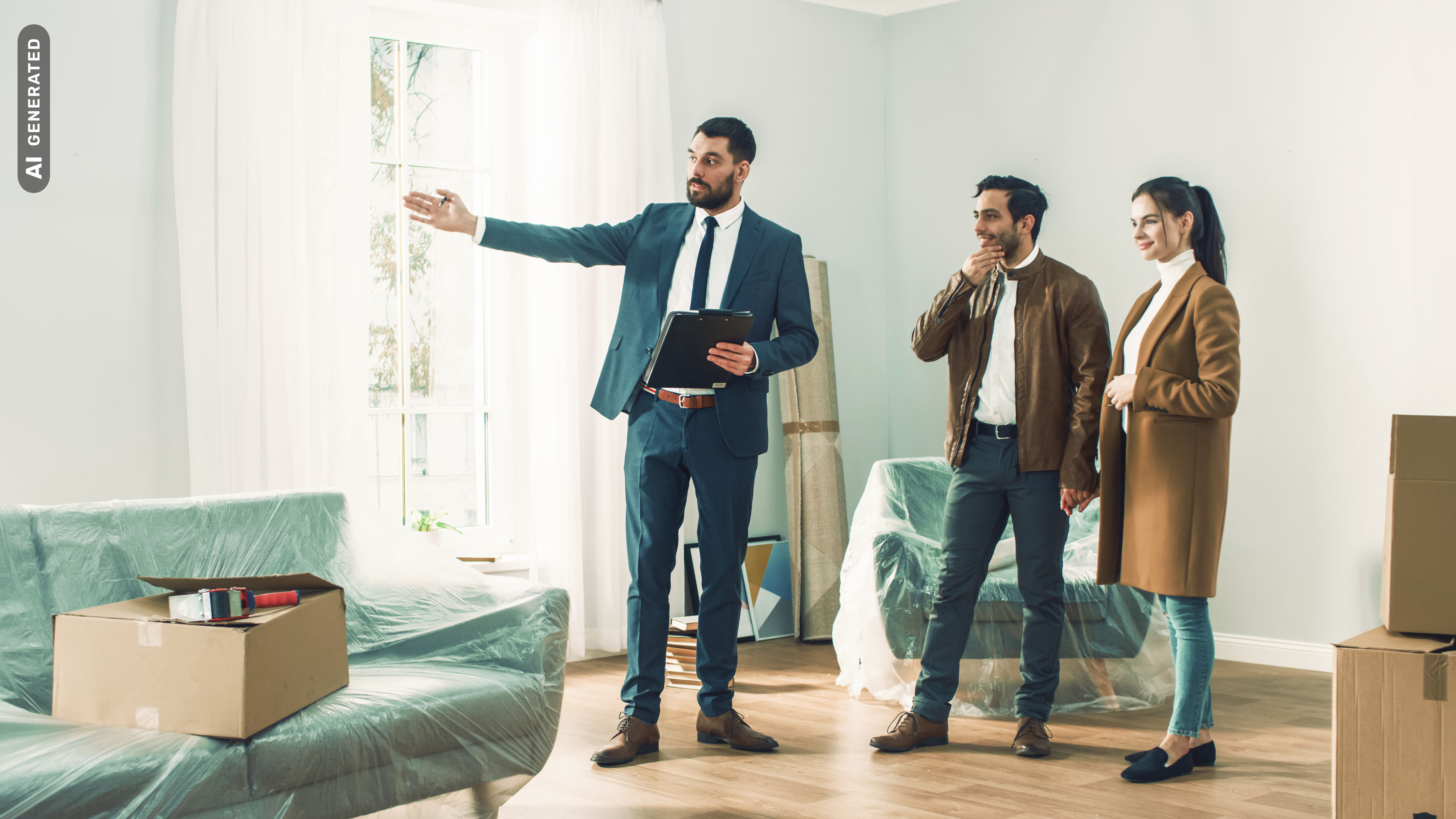 Geschäftsmann bei Wohnungsbesichtigung mit Paar, AI-generated
