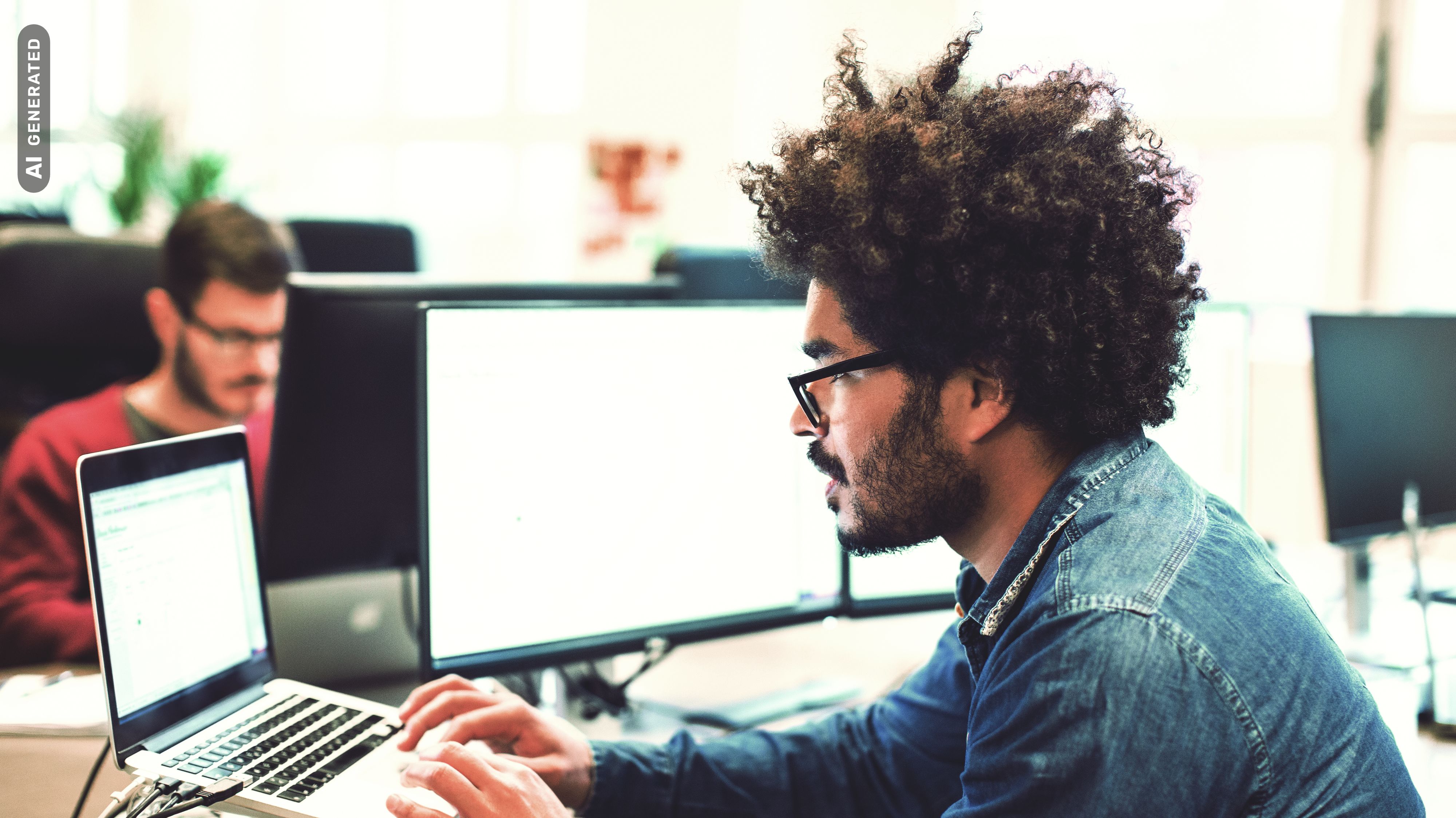 Mann arbeitet am Laptop, AI-generated