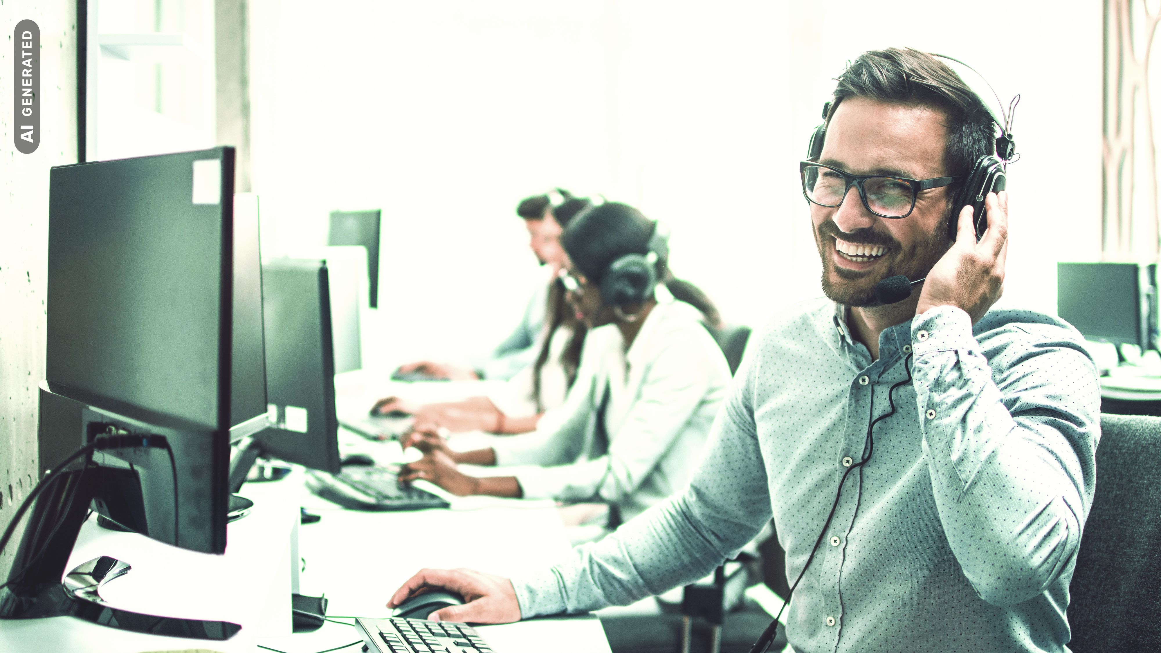 Mann telefoniert mit headset, AI-generated