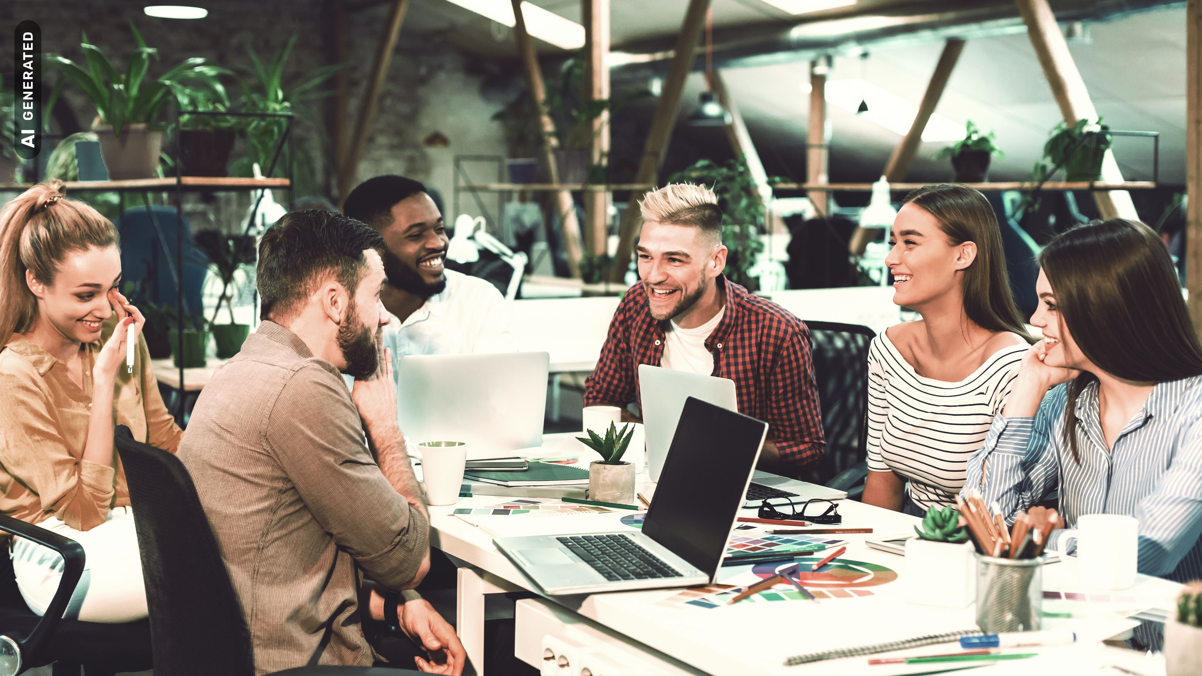 Team diskutiert in modernem Büro, AI-generated