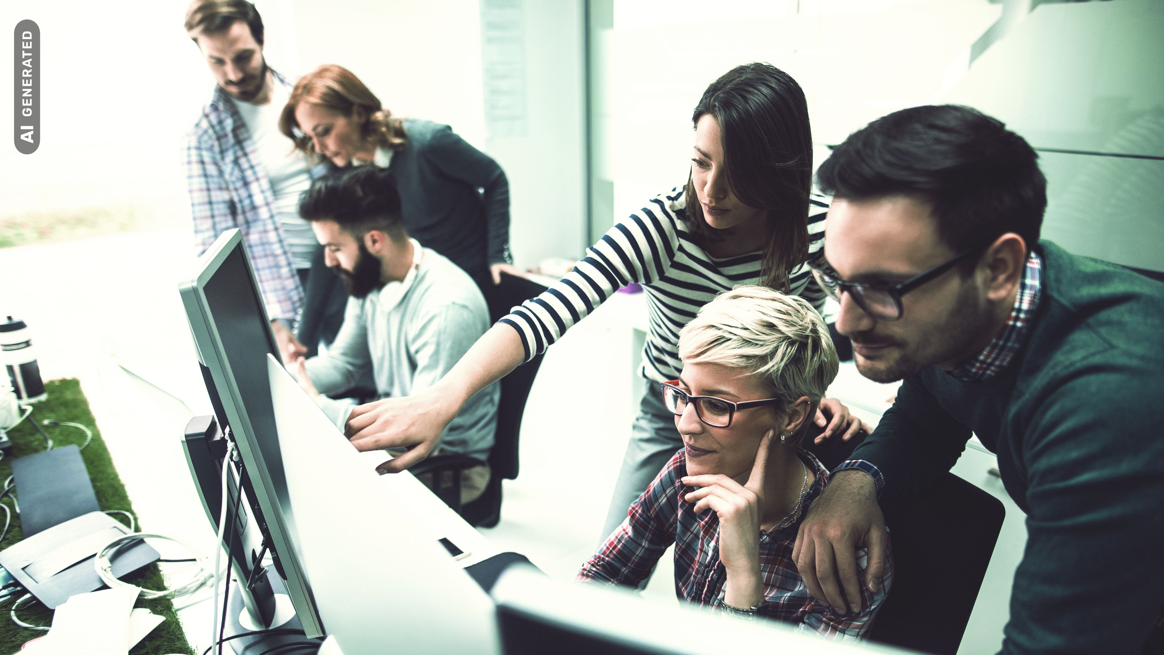 Team bei der Problemlösung vor Bildschirm, AI-generated
